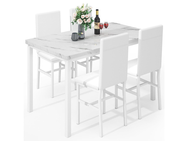 5-Piece Dining Table Set for 4 with Faux Marble Top & Velvet Chairs, Space Saving Modern Kitchen Table Set for Small Spaces, Apartments