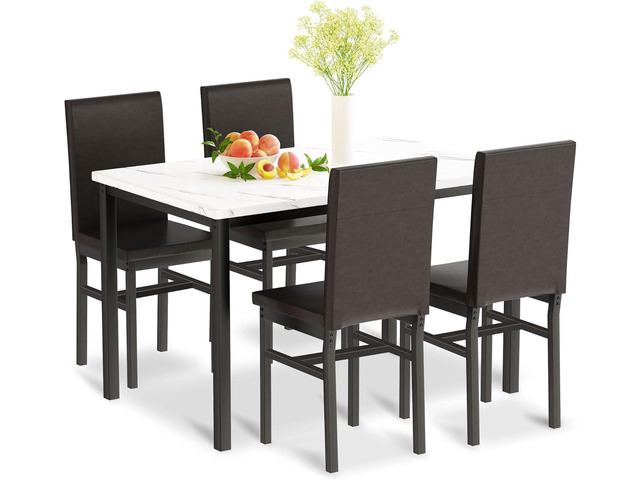 5-Piece Dining Table Set for 4 with Faux Marble Top & Velvet Chairs, Space Saving Modern Kitchen Table Set for Small Spaces, Apartments