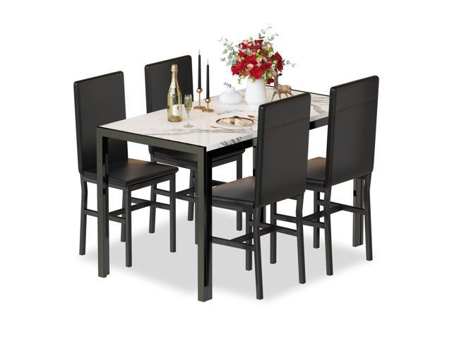 5-Piece Dining Table Set for 4 with Faux Marble Top & Velvet Chairs, Space Saving Modern Kitchen Table Set for Small Spaces, Apartments