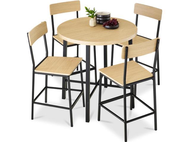 5-Piece Modern Round Counter Height Dining Set for Home Kitchen, Dining Room w/ 4 Chairs, 1.5in Thick Table - Natural