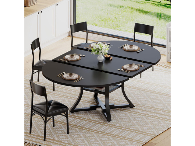 Round Extendable Dining Table Set for 4-6 People, 5-Piece Kitchen Table Set with 4 Cushion Chairs, Dining Room Table for 6 with MDF Board & Metal...