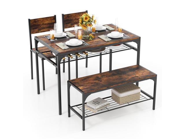 Dining Table Set for 4, Kitchen Table and 2 Chairs for 4 with Bench, Additonal Storage Rack, 4 Piece Dining Table Set for Small Space, Apartment