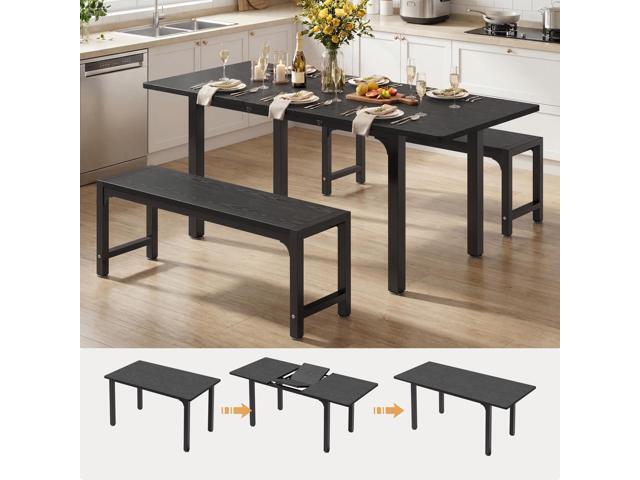 63 Large Extendable Dining Table Set for 4-6 with 180° Smart-Flip Pivot, Kitchen Table Set with Bench, Dining Room Table with Metal Frame & MDF...