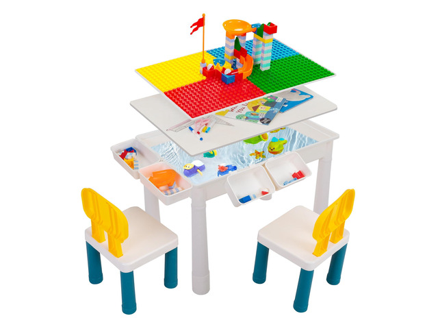 7 - in - 1 Kids Activity Table Set with 2 Chairs & 100Pcs Blocks Water/Sand Play Table for Toddler Age 3-6 (Primary)