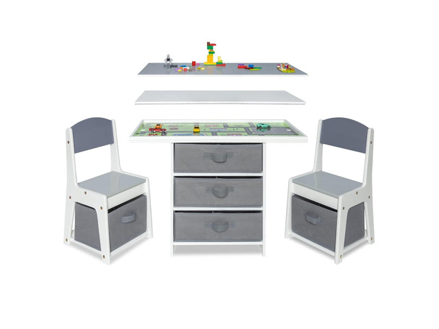 Kids 3-in-1 Play Table and Chair Set Wood with Storage Baskets, Compatible with Lego and Duplo Bricks, Activity Table Playset Furniture with Modern...