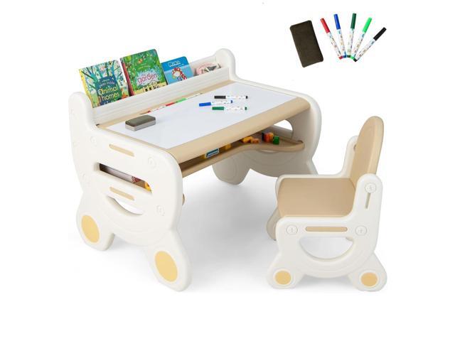 Toddler Table and Chair Set, Plastic Activity Desk w/Whiteboard, Watercolor Pens, Blackboard Eraser & Storage Shelf for Drawing Reading Dinning,.