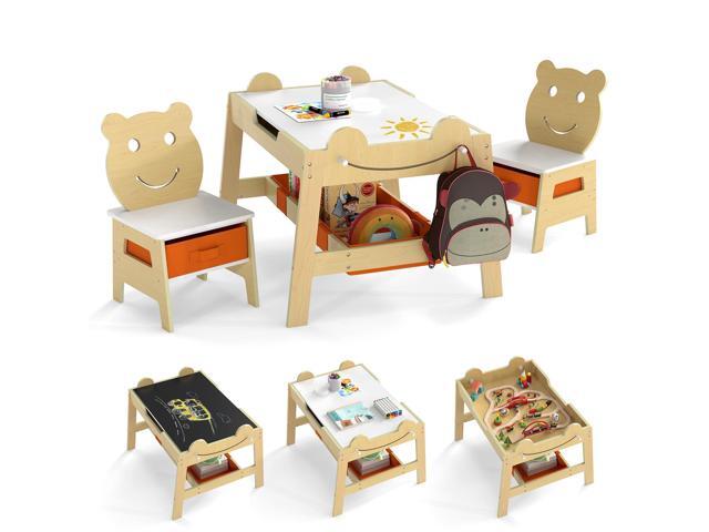 Kids Table and Chairs, Multifunctional Art Desk Set w/Chalkboard & Whiteboard, 4 Hooks, Large Storage Space and 2 Bins for Children 3+, Toddler.