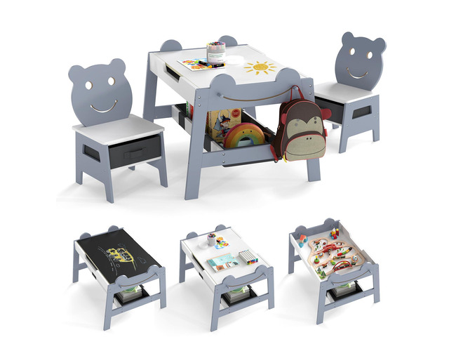 Kids Table and Chairs, Multifunctional Art Desk Set w/Chalkboard & Whiteboard, 4 Hooks, Large Storage Space and 2 Bins for Children 3+, Toddler...