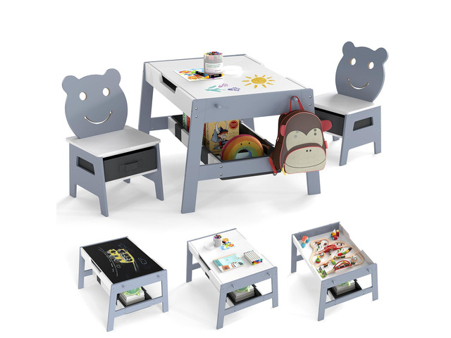 Kids Table and Chairs, Multifunctional Art Desk Set w/Chalkboard & Whiteboard, 4 Hooks, Large Storage Space and 2 Bins for Children 3+, Toddler...