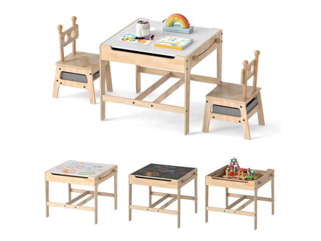 Kids Table and Chairs, 3 in 1 Wooden Activity Toddler Desk w/Reversible Whiteboard & Chalkboard, Hidden Space and Drawers for Arts, Crafts, Play,...