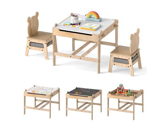 Kids Table and Chairs, 3 in 1 Wooden Activity Toddler Desk w/Reversible Whiteboard & Chalkboard, Hidden Space and Drawers for Arts, Crafts, Play,...