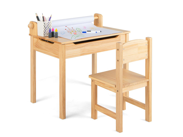 Kids Table and Chair Set, Flip Top Kids Art Craft Table w/Chair for Playroom Kindergarten, Toddler Drawing Writing Desk Set w/Paper Roll & 2...