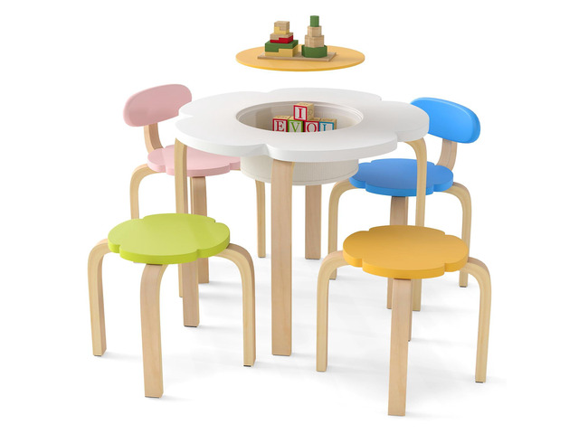 Kids Table and Chair Set, Wooden Toddler Flower-Shaped Table and 4 Chairs w/Storage for Art Craft, Dining, 5-Piece Children Furniture for Daycare,...