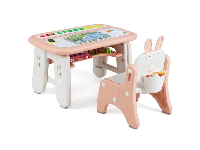 Kids Table and Chair Set, Height Adjustable Toddler Art Table w/Bunny Shape Chair, 2 Flip Open Magnetic Boards, Storage, Drawing Accessories,...