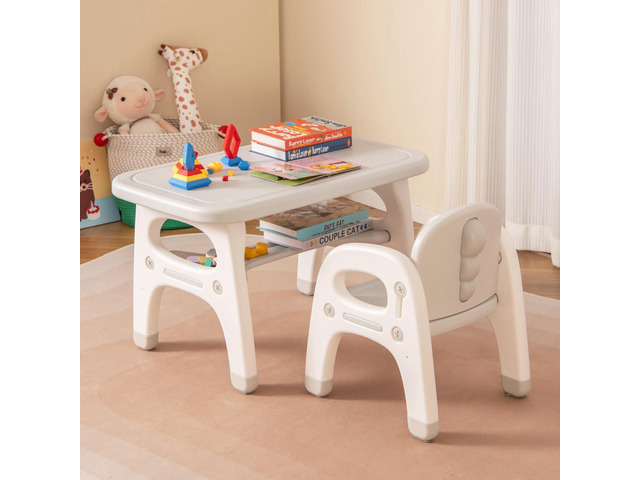 Toddler Table and Chair Set, Cute Activity Table with Storage and Building Blocks, Dinosaur Shaped Armchair, Kids Table and Chair Set for Eating...