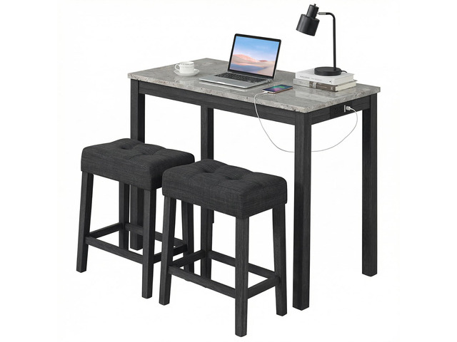 3-Piece Bar Table Set with Charging Station, Modern Counter Height Breakfast Table w/Faux Marble Top & 2 Padded Stools, Wooden Console Table Set...