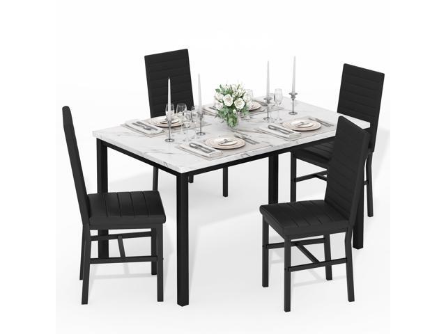 5 Piece Dining Table Set for 4, Faux Marble Kitchen Table with Upholstered Chairs, Modern Dinner Table Set for Dining Room, Small Spaces, White & Black