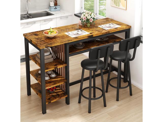 3-Piece Bar Table and Chairs Set, Counter Height Dining Table Set with Storage & 2 Upholstered Stools, Hightop Kitchen Bar Table for Small Space,...