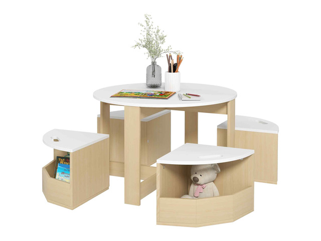Toddler Table and Chairs Set, 5 Pieces Round Kids Activity Table with Storage for Play, Art, Craft, Drawing, Playroom, Classroom, Nursery, White