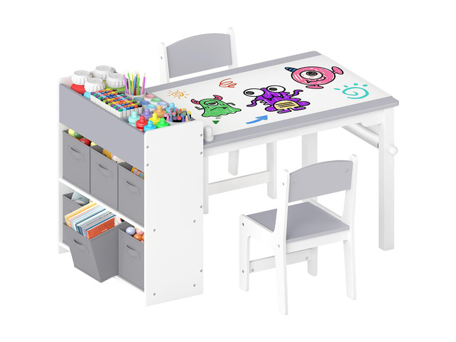 Kids Art Table and Chairs, Wooden Kids Craft Table and Chairs with Storage Bins and Paper Roll, Toddler Activity Play Desk for...