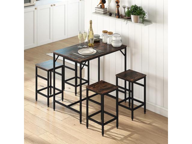 5-Piece Industrial Dining Table Set, Bar Table & 4 Stools Set, Space Saving for Pub & Kitchen, Black/Brown