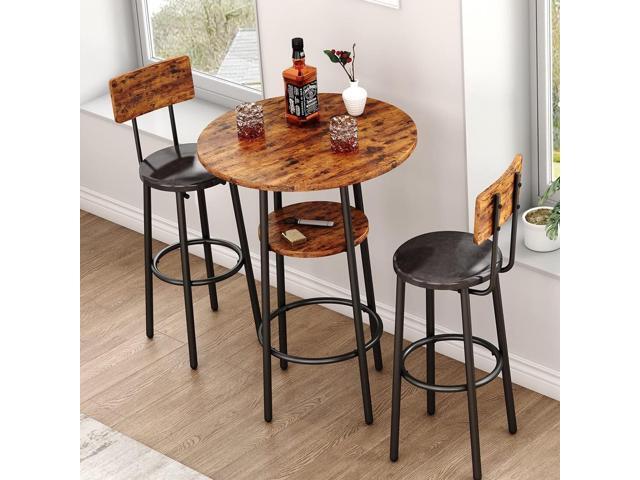 3-Piece Dining Table Set for 2, Small Round Kitchen Table with 2 Chairs, Counter Height Bar Table with Storage, Pub Table and PU Upholstery Stools.