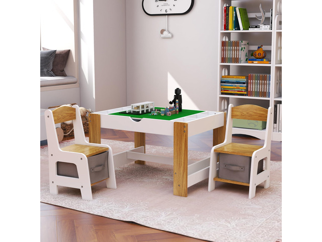 Wooden 3 in 1 Kids Table and Chairs Set with 2 Storage Baskets, Kids Lego Table, Children Activity Table with Book Storage for Reading, Writing,...