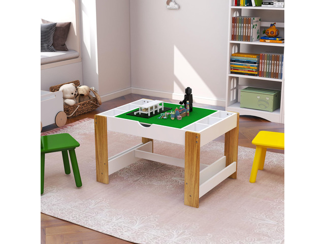 Wooden 2 in 1 Kids Play Table with Storage, Lego Toy Building Block Top, Toddler Activity Table with Book Storage for Reading, Writing, Playing, White