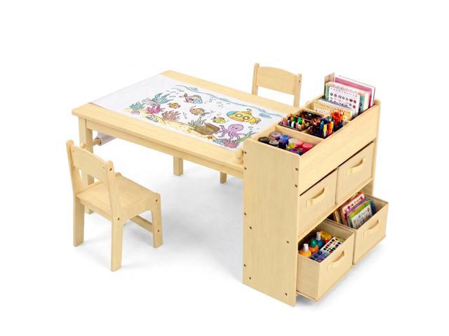 Kids Art Table and 2 Chairs Set, Large Toddler Craft Desk with Organizers, Sturdy Wooden Activity Table w/Paper Roll, Open Shelves, Removable Bins,...
