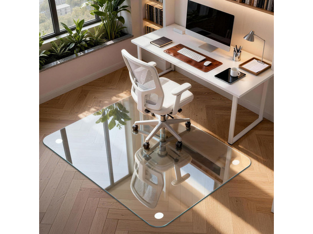 46 x 55 in Ultra-Clear Tempered Glass Chair Mat Floor Protector 0.2 in Thick Heavy-Duty Scratch-Resistant Surface with Non-Slip Pads and Rounded...