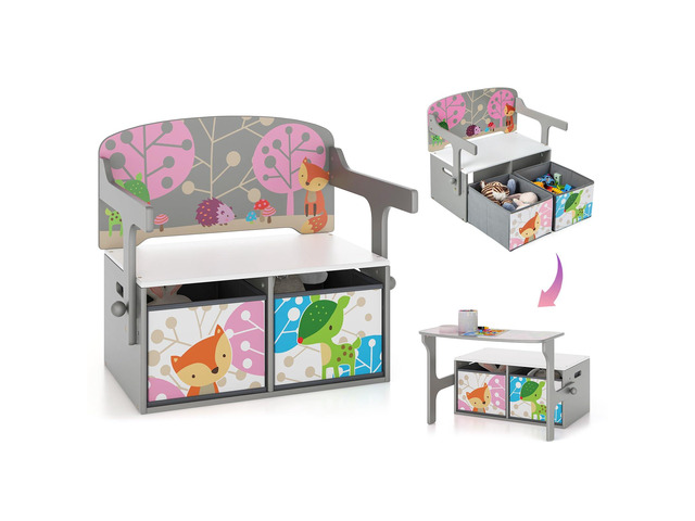 Kids Table and Chair Set, 3-in-1 Convertible Wooden Toy Storage Bench with Handle, 2 Bins for Kids Reading Nook, Toddler Table and Chair Set for...