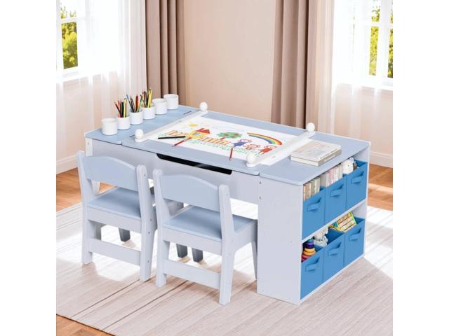Kids Art Table and Chairs Set, 3 in 1 Toddler Craft Desk w/Easel, Sturdy Wood Activity Table w/Large Drawing Tabletop, Paint Cups, Removable Bins,...