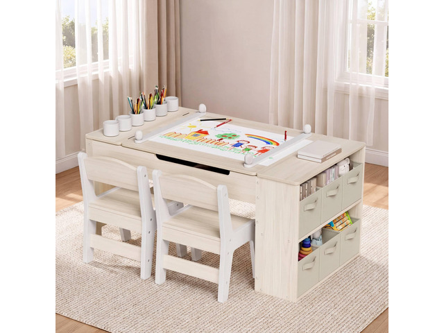 Kids Art Table and Chairs Set, 3 in 1 Toddler Craft Desk w/Easel, Sturdy Wood Activity Table w/Large Drawing Tabletop, Paint Cups, Removable Bins,...