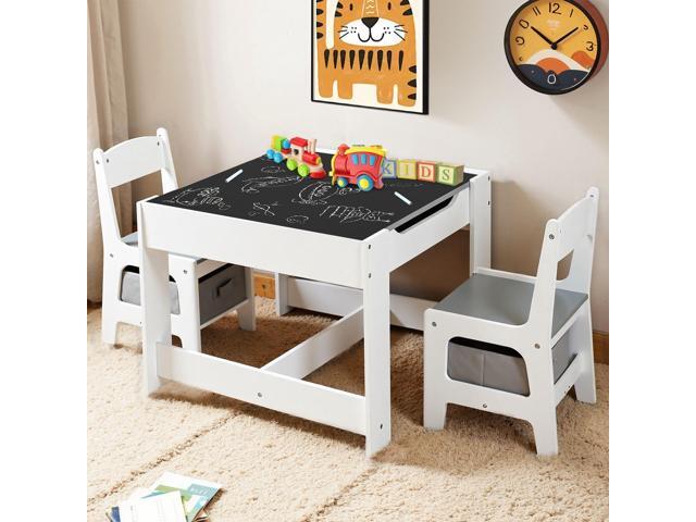 Kids Table and 2 Chairs Set, 2 in 1 Detachable Tabletop, Storage Space W/Storage Drawers, 3 in 1 Wooden Activity Play Table Set for Toddlers Arts,.