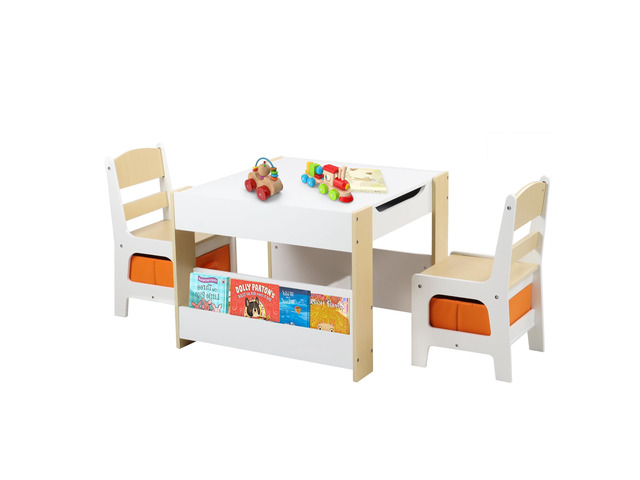 Kids Table and Chair Set, 4-in-1 Wood Activity Table w/Storage Bins, Detachable Tabletop, Blackboard, Bookshelf, Toddler Table and Chairs for...