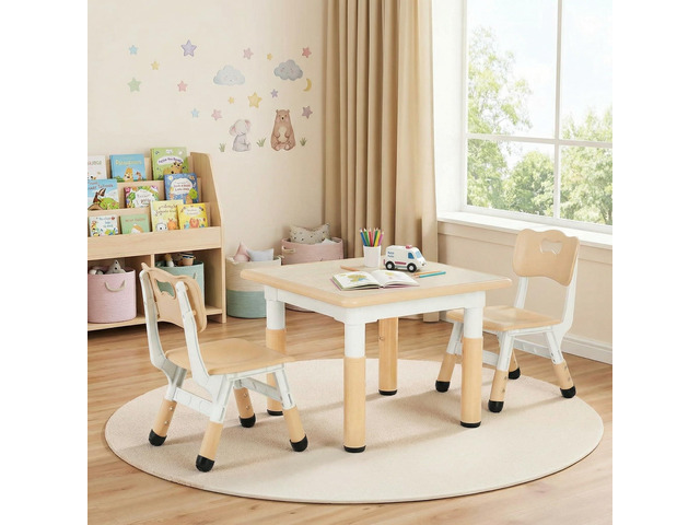 Kids Table and 2 Chairs Set, Height Adjustable Toddler Desk, Baby Activity Art Table with Wipe-Clean Desktop, Ergonomic Chair, Anti-Slip Legs,...