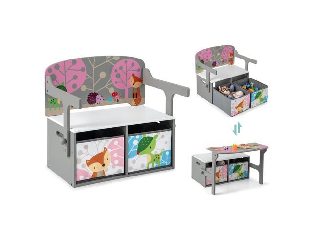 Kids Table and Chair Set, Convertible Toy Storage Bench with 2 Removable Fabric Bins for Kindergarten, Preschool, Kids Room, Playroom, Wood Reading.