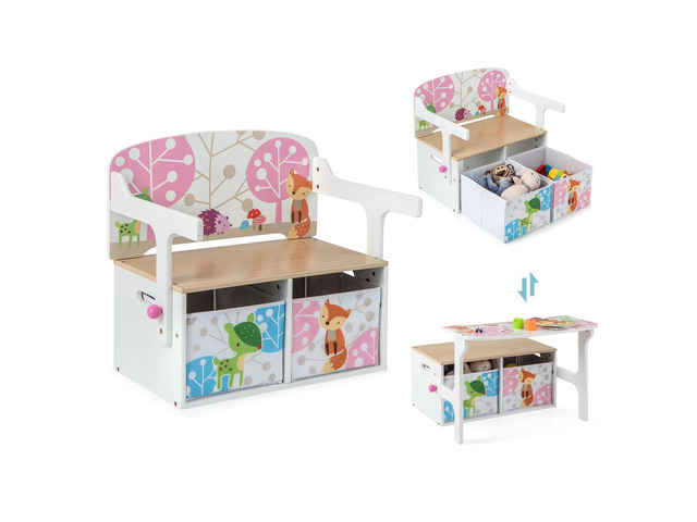 Kids Table and Chair Set, Convertible Toy Storage Bench with 2 Removable Fabric Bins for Kindergarten, Preschool, Kids Room, Playroom, Wood Reading...