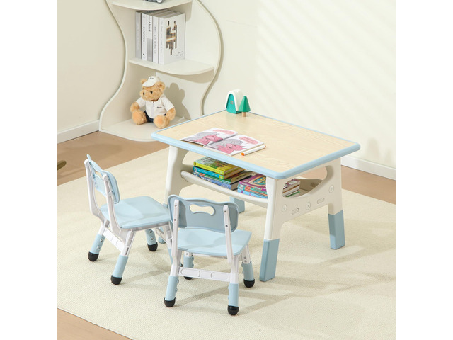 Kids Table and 2 Chairs Set, Large Built-in Storage, Adjustable Toddler Table and Chair Set, Graffiti Desktop Kids Activity Table