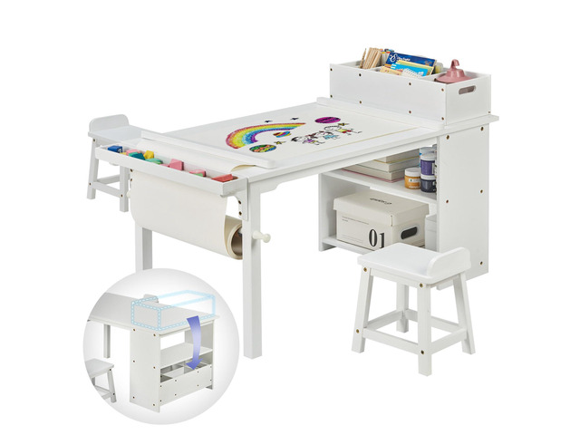 Kids Art Table and Chair Set with Paper Roll Holder, Toddler Craft Table with Storage Shelves, Side Supply Tray, Removable Organizer Caddy and 2...