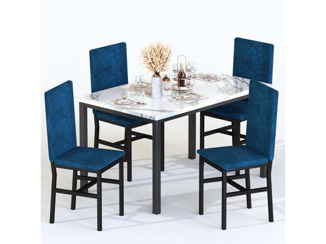 Dining Table Set for 4, Modern Faux Marble Dining Table Set with 4 Upholstered Velvet Chairs,Dining Room Table Set for Kitchen, Breakfast Nook,.