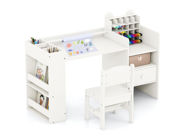 Kids Desk and Chair Set, Art Activity Desk Set with Detachable Paper Roll Holder, Cubby Cabinet, and Multiple Storage Space, 2-in-1 Toddler Table...