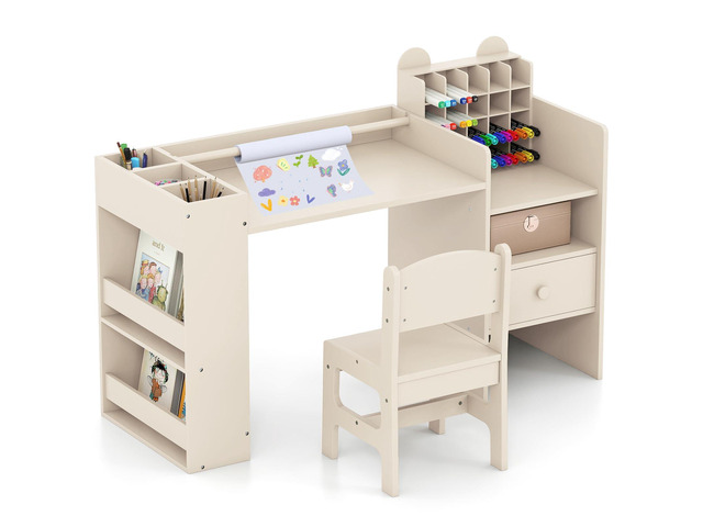 Kids Desk and Chair Set, Art Activity Desk Set with Detachable Paper Roll Holder, Cubby Cabinet, and Multiple Storage Space, 2-in-1 Toddler Table...