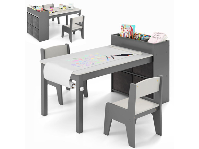Kids Table and Chairs, 3 in 1 Wooden Art Drawing Desk Set w/ 4 Fabric Bins, Multiple Open Storage Compartments & a Paper Roll, Toddler Table and...