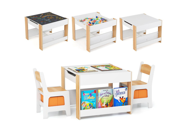 Kids Table and Chairs, 4 in 1 Wooden Activity Table with Bookshelves, Reversible Tabletop, Chalkboard for Crafts, Drawing, Toddler Table and Chair...