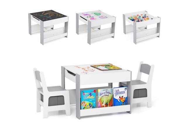 Kids Table and Chairs, 4 in 1 Wooden Activity Table with Bookshelves, Reversible Tabletop, Chalkboard for Crafts, Drawing, Toddler Table and Chair...
