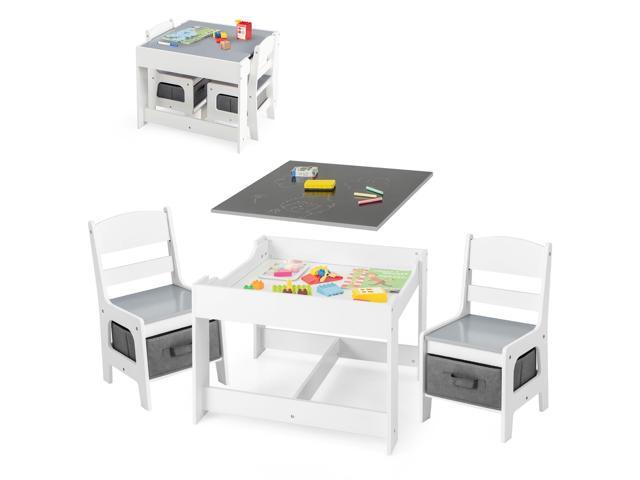 Kids Table and Chairs, 3 in 1 Wooden Activity Table with Storage, Reversible Tabletop, Chalkboard for Crafts, Drawing, Reading, Toddler Table and.