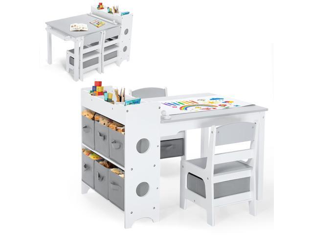 Kids Art Table & 2 Chairs Set, 8 Storage Drawers, Grey Wood Toddler Activity Table w/Paper Roll, Drawing, Studying, Kids Table and Chairs for...