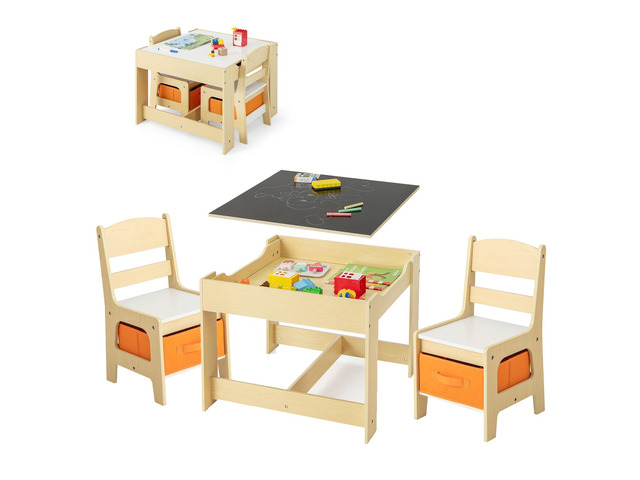 Kids Table and Chairs, 3 in 1 Wooden Activity Table with Storage, Reversible Tabletop, Chalkboard for Crafts, Drawing, Reading, Toddler Table and...