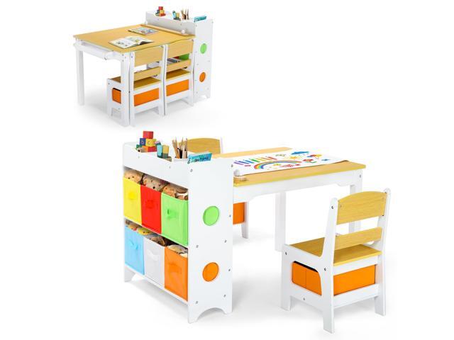 Kids Art Table & 2 Chairs Set, 8 Storage Drawers, Natural Wood Toddler Activity Table w/Paper Roll, Drawing, Studying, Kids Table and Chairs for...